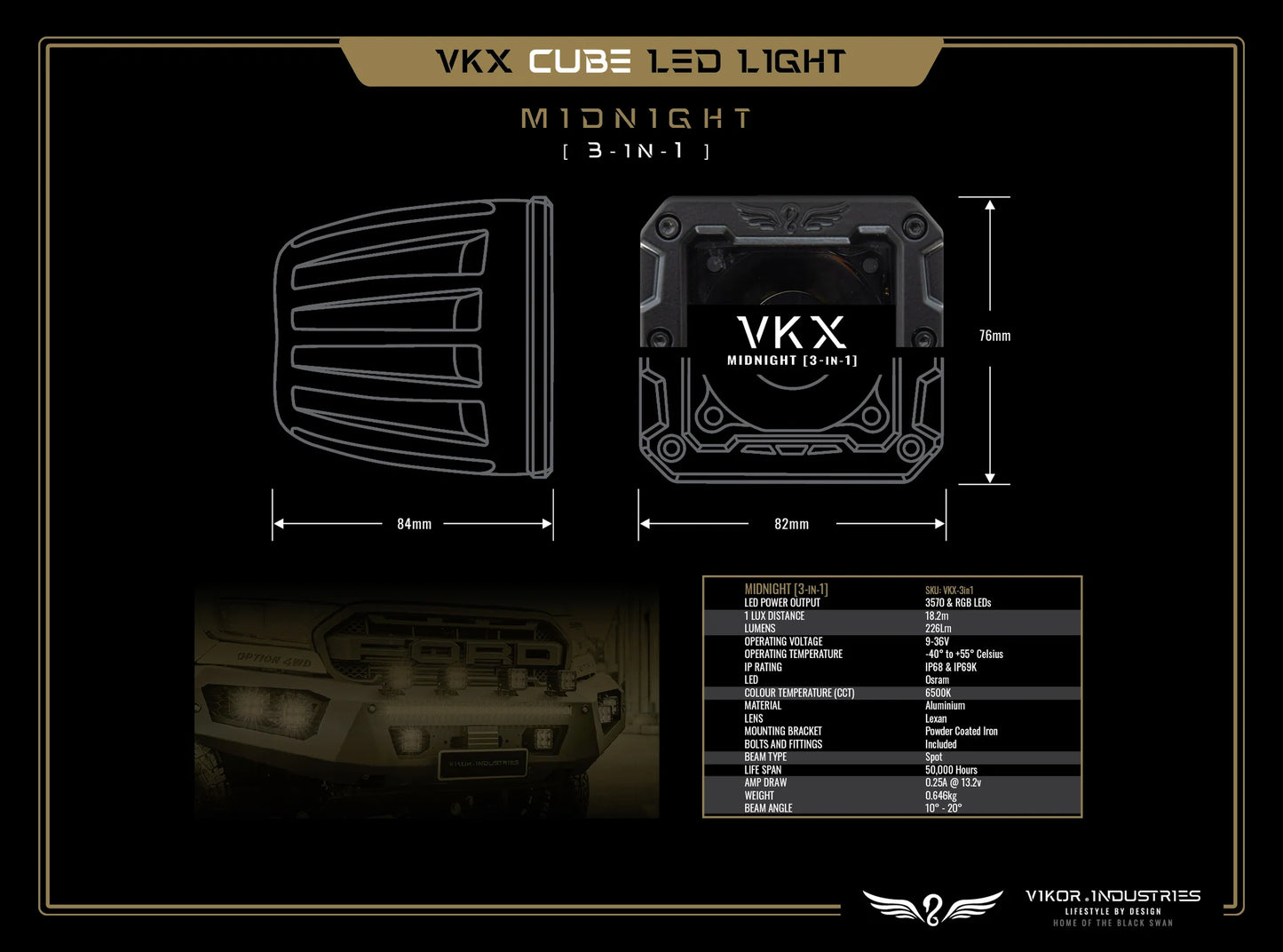 VKX Midnight 3-In-1 LED Cube Light (2")